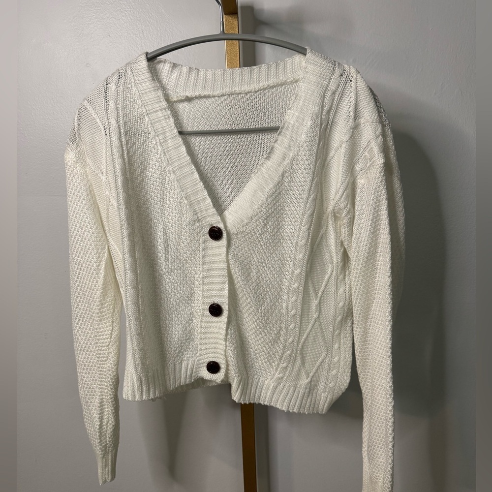 Women's White Cable Knit Cardigan Sweater